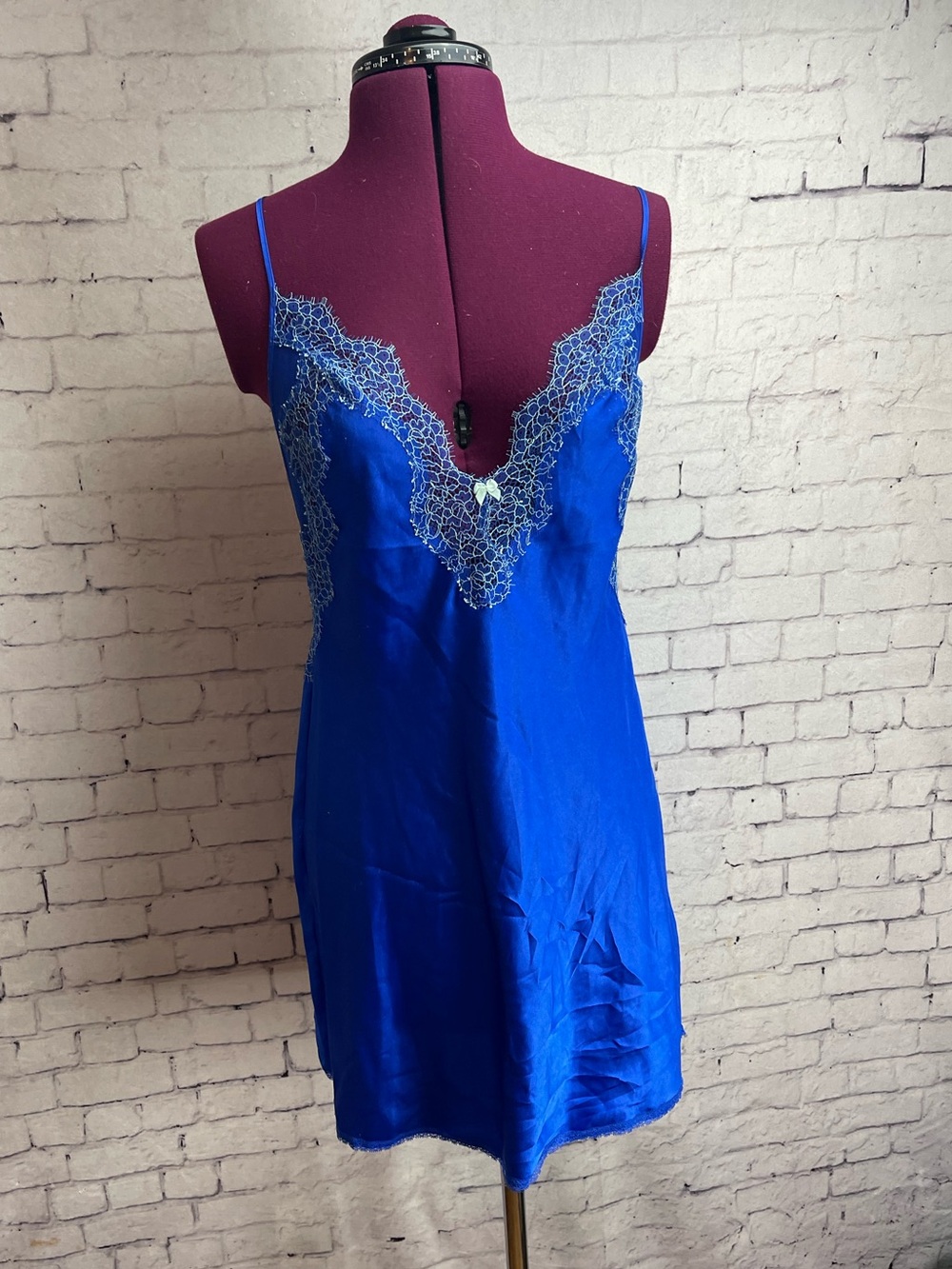 Victorias Secret size medium blue satin slip dress with lace trim